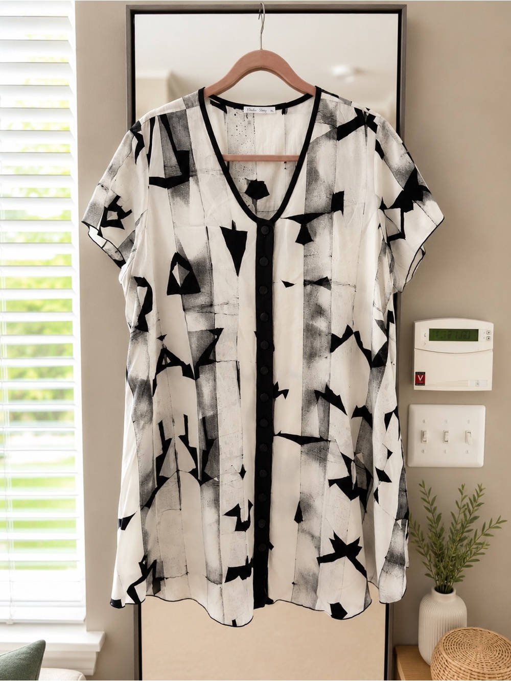 Blue Sky Black & White Abstract Button-Front Mini Dress